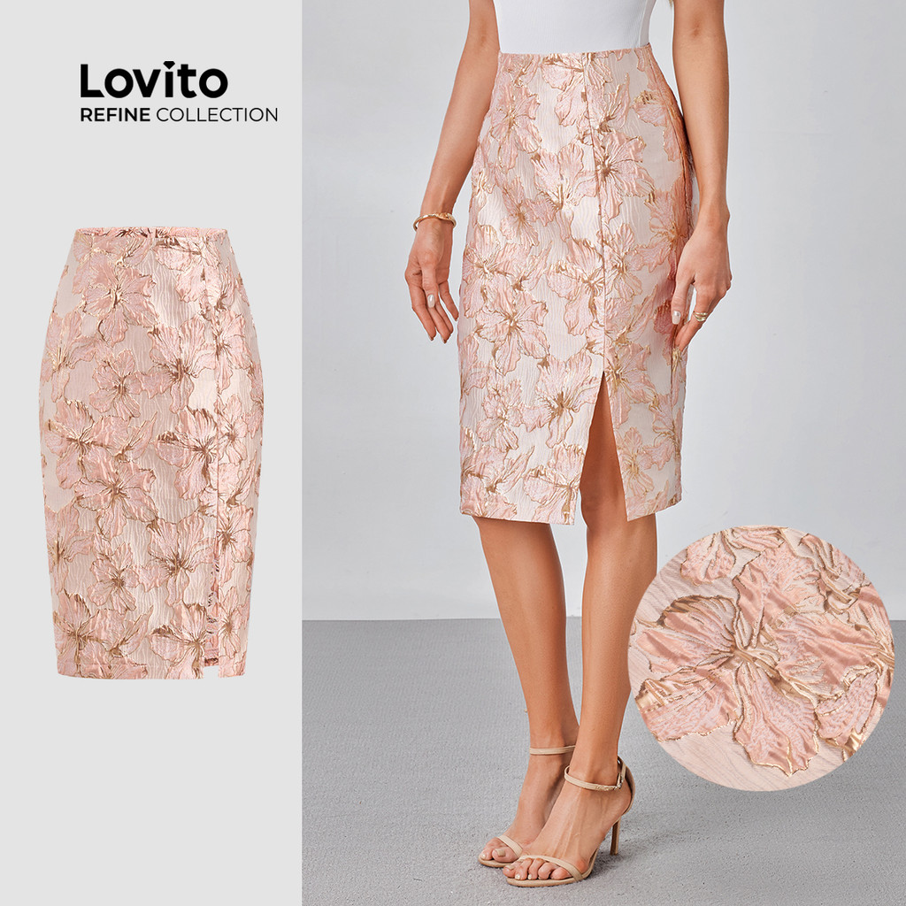 (NEW) (Lovito Refine) Saias Elegantes com Fenda Na Frente Série de Cores Morandi Primavera/verão Saias Rosa LR21L043 em Oferta na Shopee