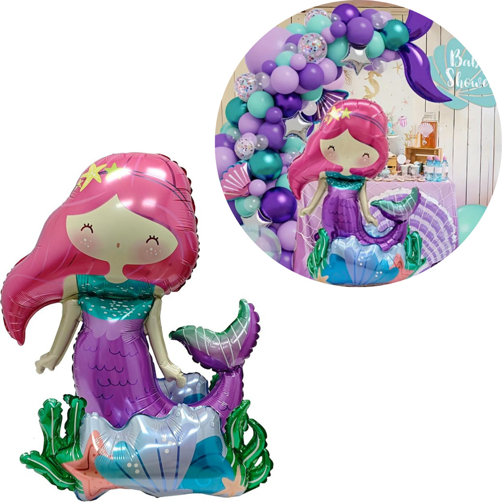 Balão Metalizado Sereia com Base 3D 65x55 cm – Festa Fundo do Mar, Mesa, Centro de Mesa