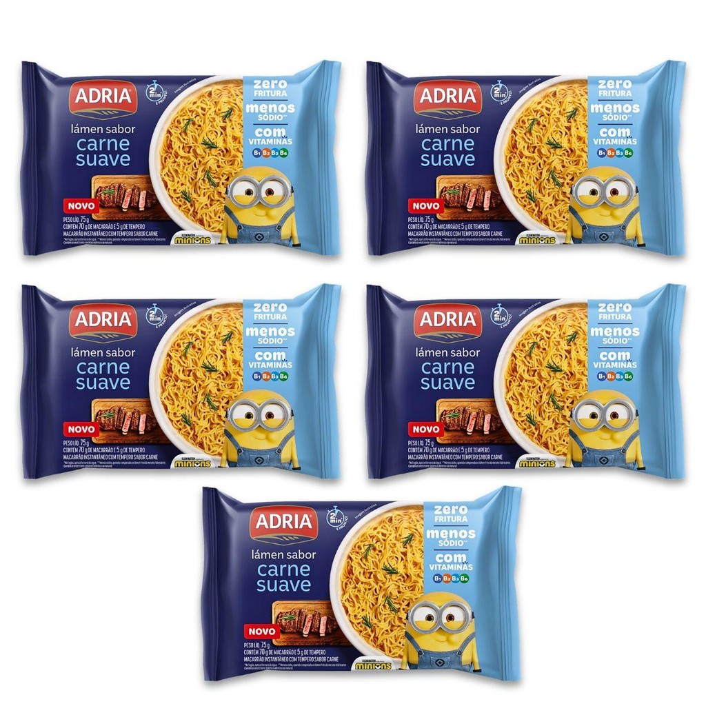 Kit 5un Macarrão Inst. 75G Lámen Carne Suave Minions Adria em Oferta na Shopee