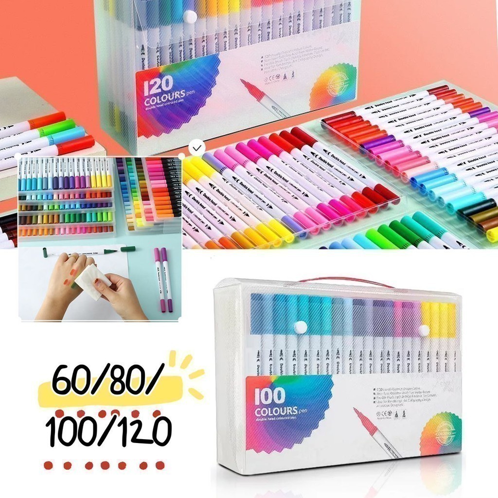 Kit 24/36/48/60/80/100/120 Cores Caneta 2 em 1 Brush Lettering e Ponta Fina Dual Pen Canetinha Colorir Desenho em Oferta na Shopee