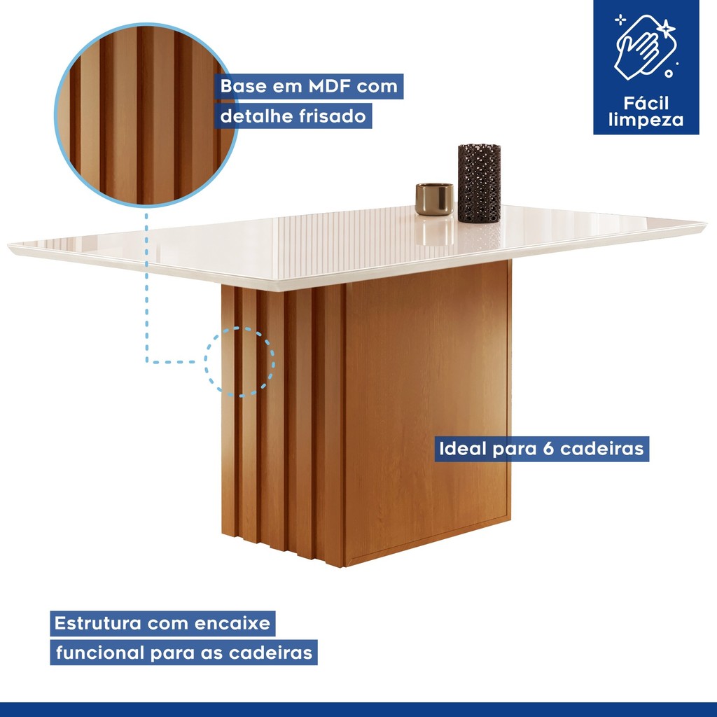 Detalhes do Conjunto Sala de Jantar Mesa Tampo Slim Plus Vidro 120x90cm com 4 Cadeiras Elis Yescasa Cinamomo/Off White/Veludo Areia