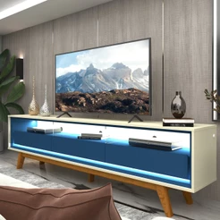 Rack para TV até 85 Polegadas com LED 100% MDF 211,4cm Pés em Madeira Maciça Requinte Azul Off White/Azul Royal