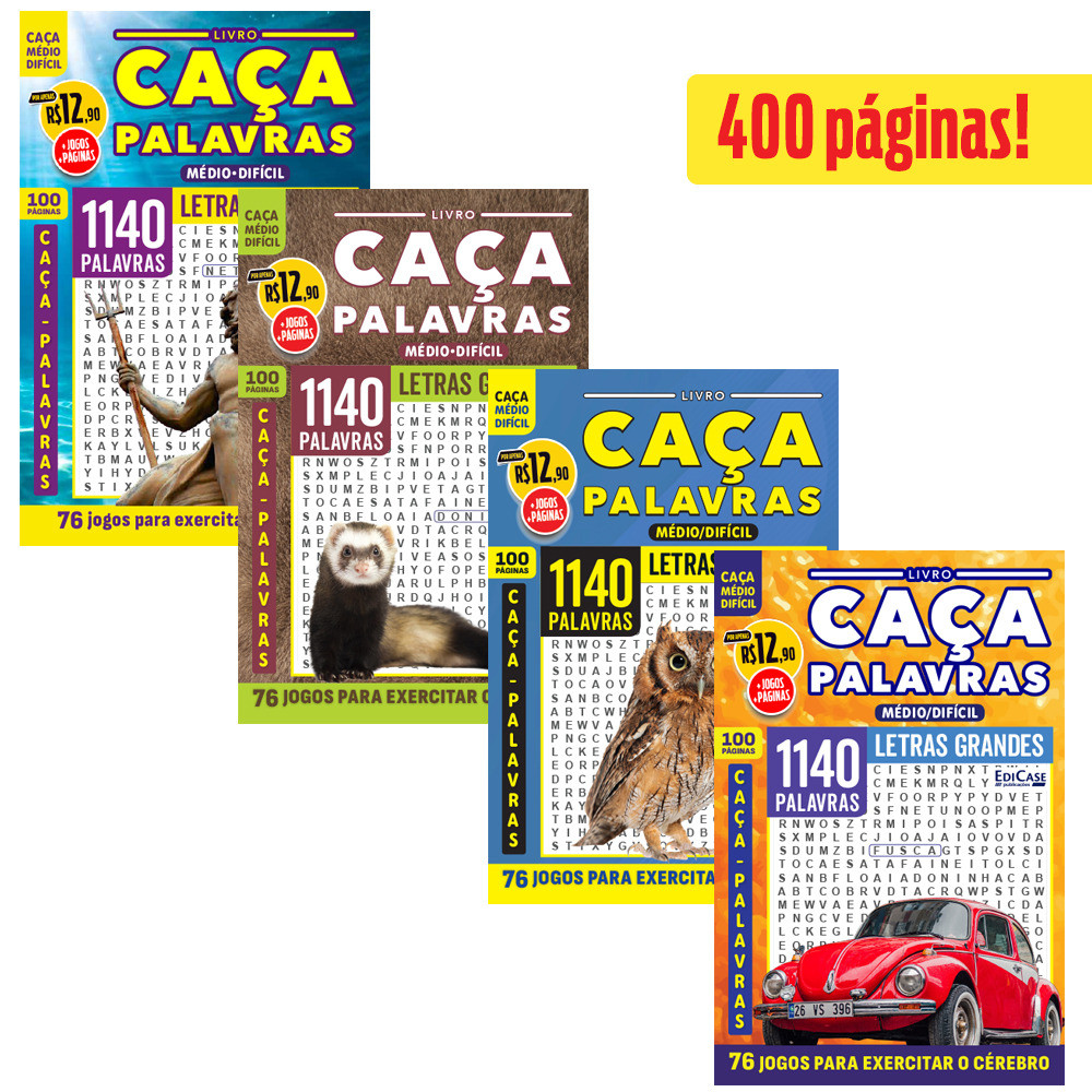 Kit 4 Livros Caça-Palavras ed.01 - Médio/Difícil - 100, 101, 105 e 106