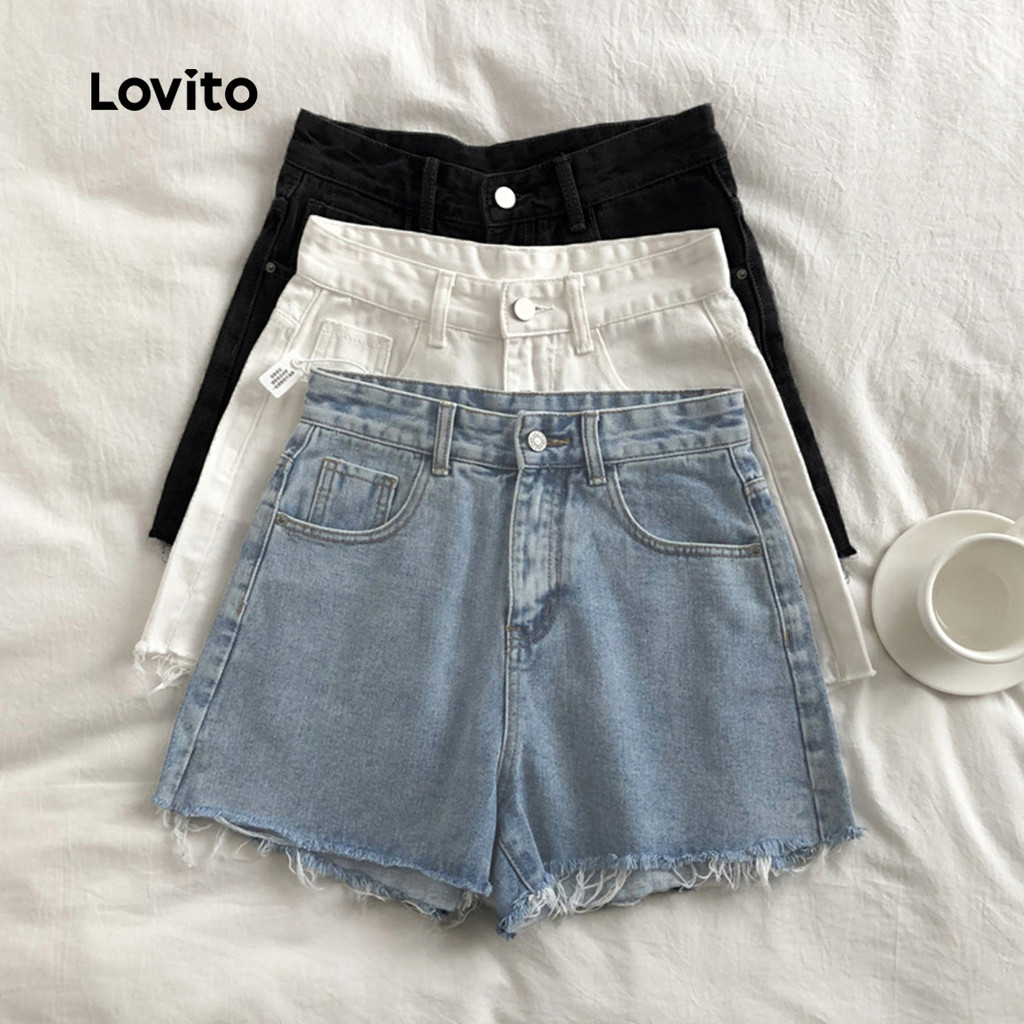 (NEW) Lovito Shorts de Jeans Casuais com Franjas Bolsos Zíper Primavera/verão Azul para mulheres LNL117218 em Oferta na Shopee