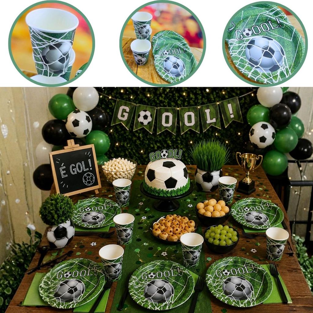 KIT FUTEBOL GOL 20 PRATOS+20 COPOS DE PAPEL DESCARTÁVEL (SILVER) (CHOCO)