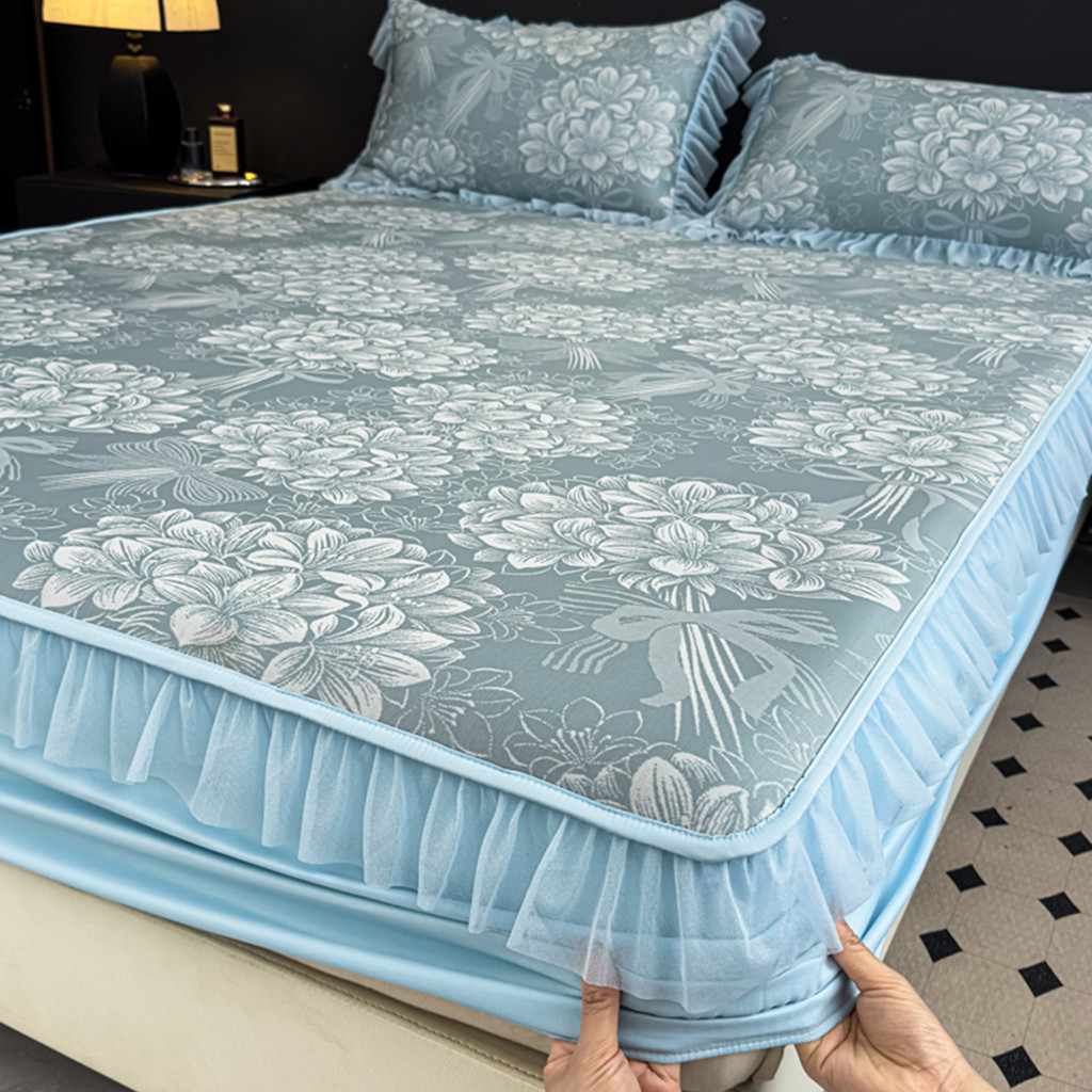 Conjunto de três peças de tapete fresco de seda gelada verão estilo princesa lençol de renda estilo doméstico capa de ca