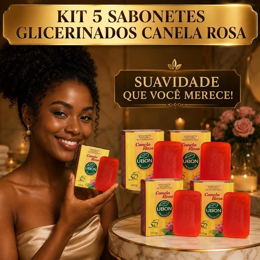 kit 5 Sabonetes Natural Glicerina Canela Rosa em Barra 100g Ubon pele Macia e Hidratada - Ubon