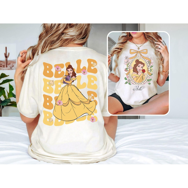 Camiseta Branca Unisex Design com Personagem da Bela e a Fera Textos "BELLE" Alta Qualidade Moda Pop - Culture