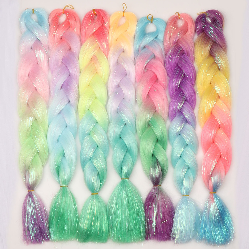 Sujo fibra química ouro prata seda colorida tranças de cabelo fonte brilhante cor Laser peruca grande