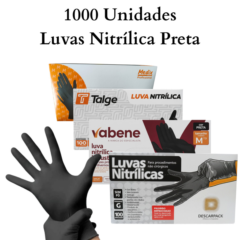 Luva Nitrílica Preta Descartável Kit com 1000 Unidades – Tamanhos P, M e G