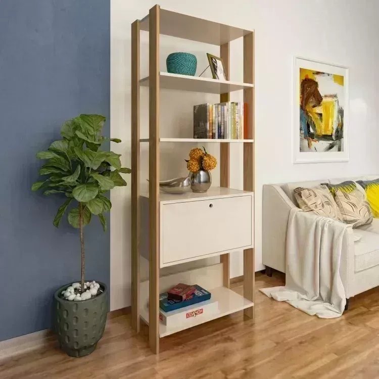 Estante 4 Prateleiras 1 Porta Basculante MDP Match Branco Off White/Carvalho