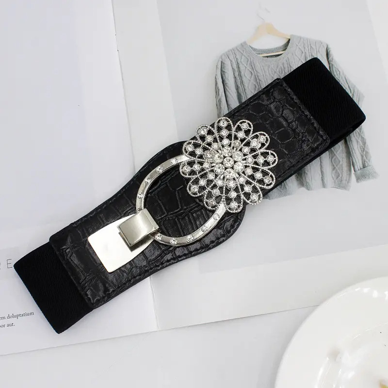 Simples versátil strass cinto decorativo feminino moda vestido cinto combinando saia elástica cinto largo na moda
