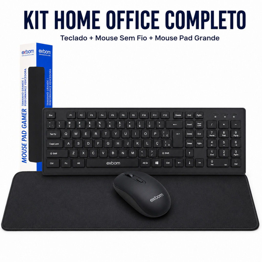 KitTeclado Mouse Sem Fio para Notebook Preto ABNT2 Mouse Pad Grande Sem Estampa