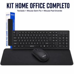 KitTeclado Mouse Sem Fio para Notebook Preto ABNT2 Mouse Pad Grande Sem Estampa Ergonomico Home Office Escritorio Exbom