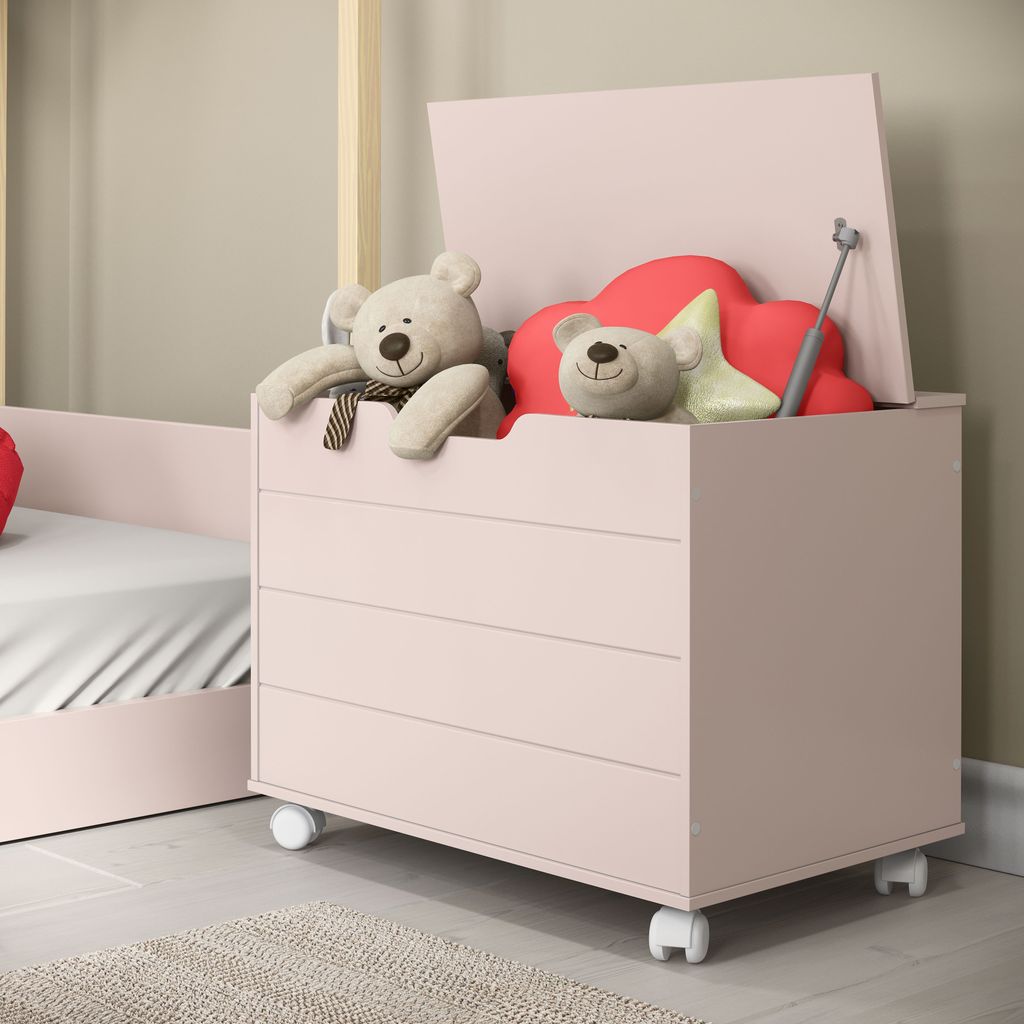 Baú Caixa de Brinquedos em MDF com Tampa Organizador Pés Rodízios Rodinha Toys