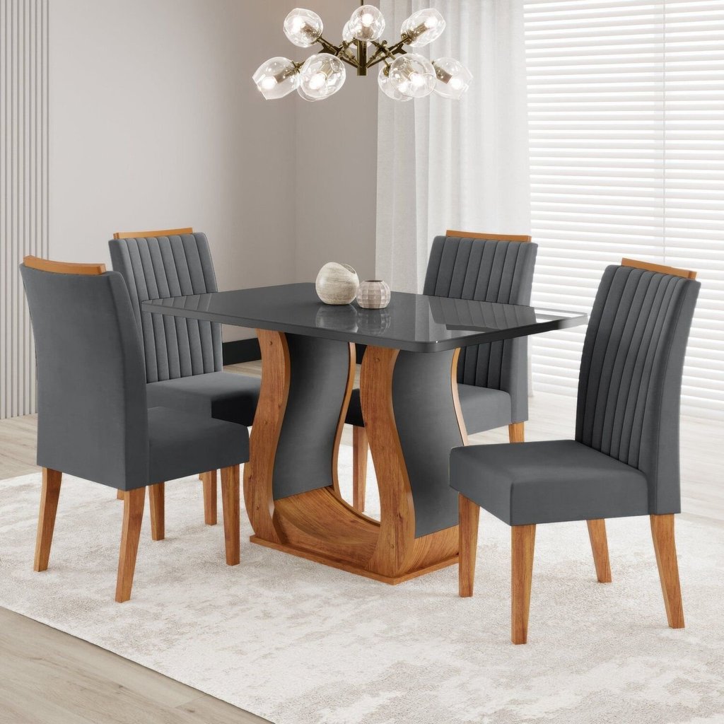 Conjunto Sala de Jantar Mesa 120x80cm Tampo com Vidro 4 Cadeiras Inspirare Yescasa Cinza/Mel Mel/Cinza