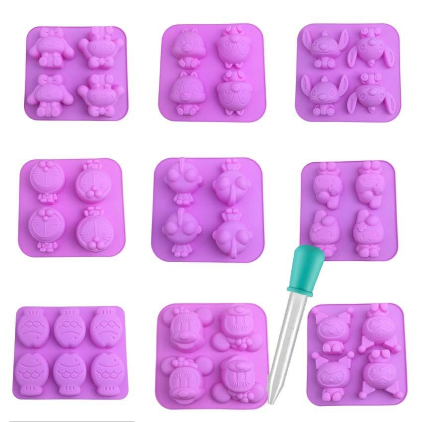4 moldes de silicone em formato de animais fofos, com moldes para bolos com conta-gotas e moldes para sabonetes artesana