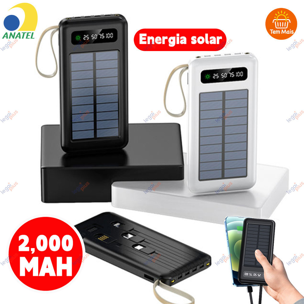 Power Bank 20.000mah com Painel Solar, 5 Cabos e Lanterna de LED