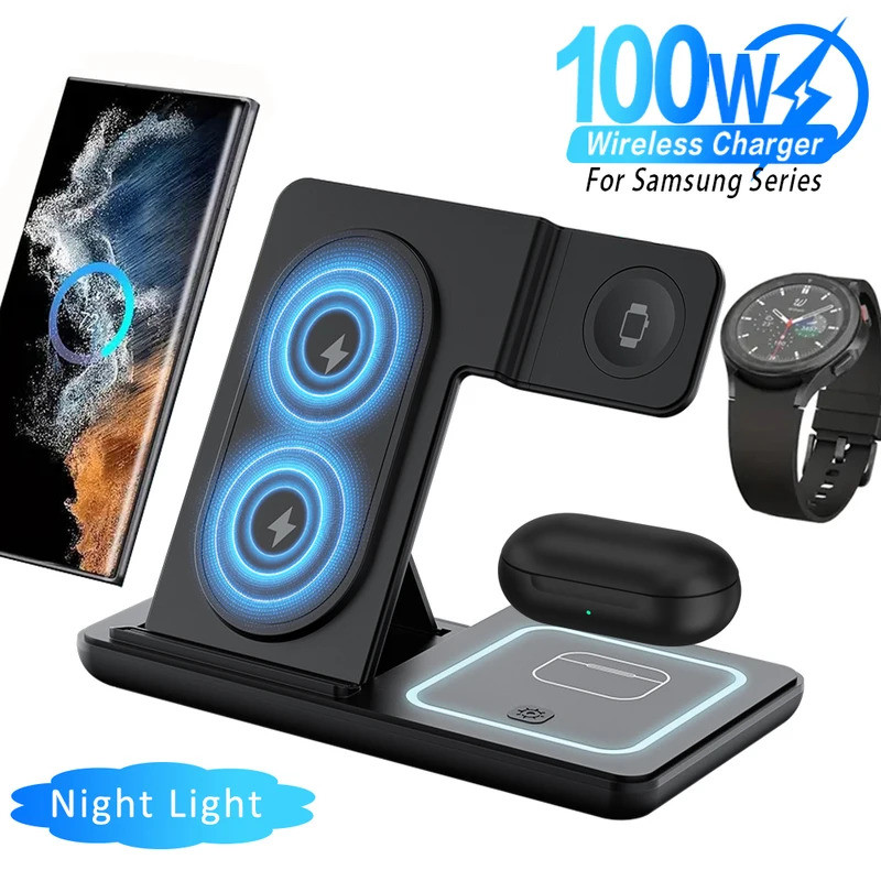 Carregador Sem Fio LED 3 em 1 de 100W, Suporte Dobrável para S24 S23 Galaxy Watc