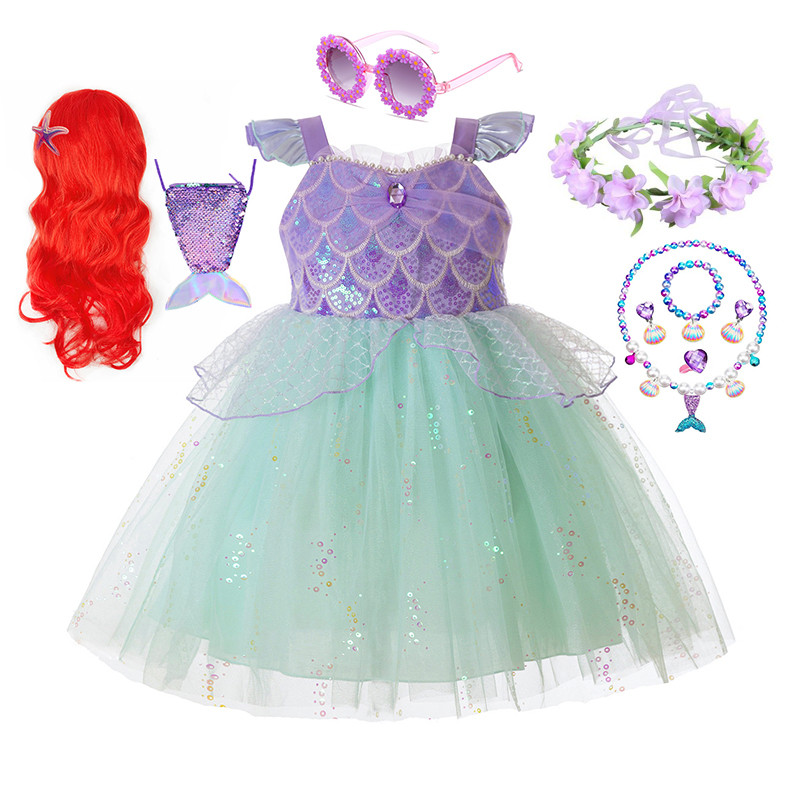A Pequena Sereia Ariel Tutu Vestido Meninas Crianças Peruca Vermelha Coroa De Flores Shell Jóias Óculos De Sol Bolsa Cau