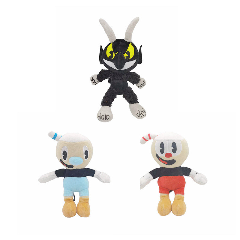 Cabeça de copo cabeça de copo cabeça de chá jogo boneca Mugman diabo chefe preto diabo boneca de pelúcia