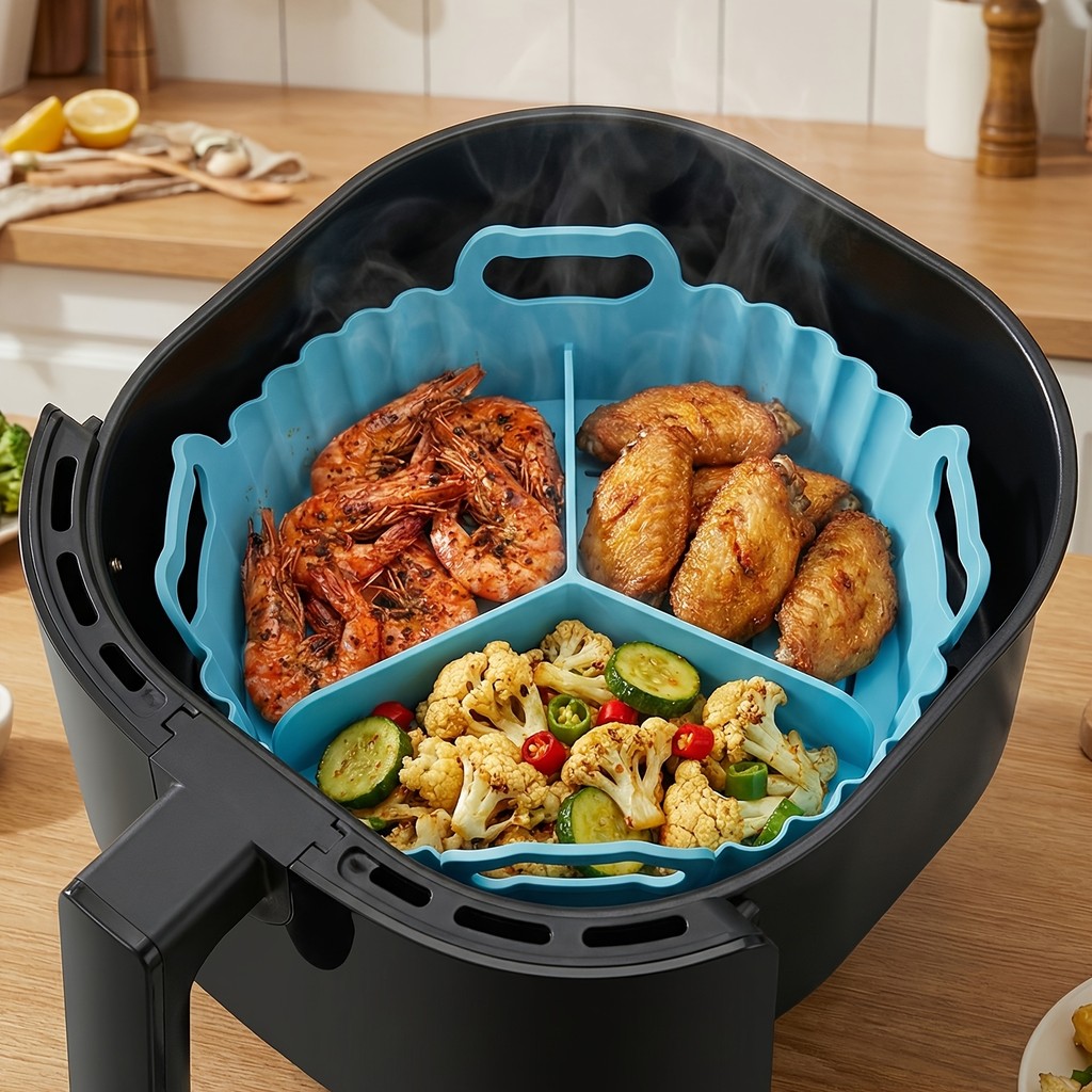 [Antiaderente, Seguro para Forno] Forma de Silicone para Bolo e Air Fryer com Divisória Removível de 3 Compartimentos e