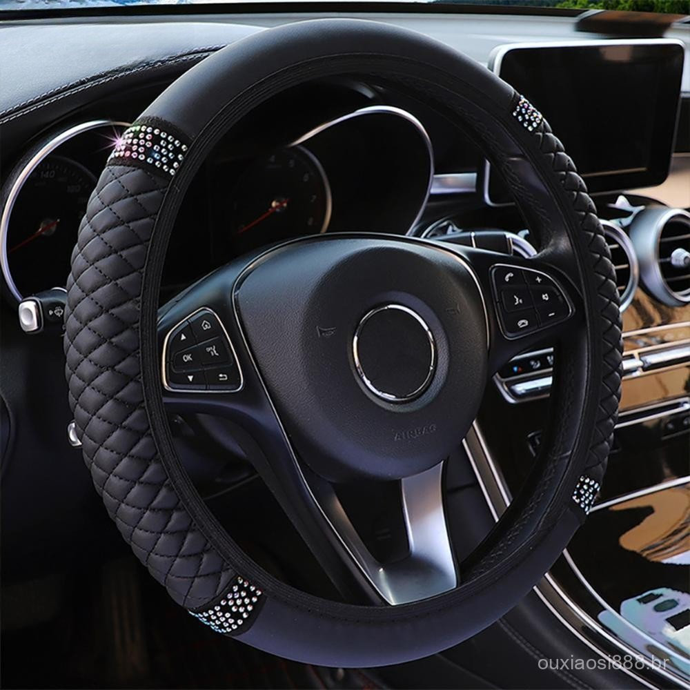Capa Universal para Volante de Carro, 1 Peça, Couro Bordado, Colorida, Com Aplicações de Diamante, Elástica, 37-38cm QBA