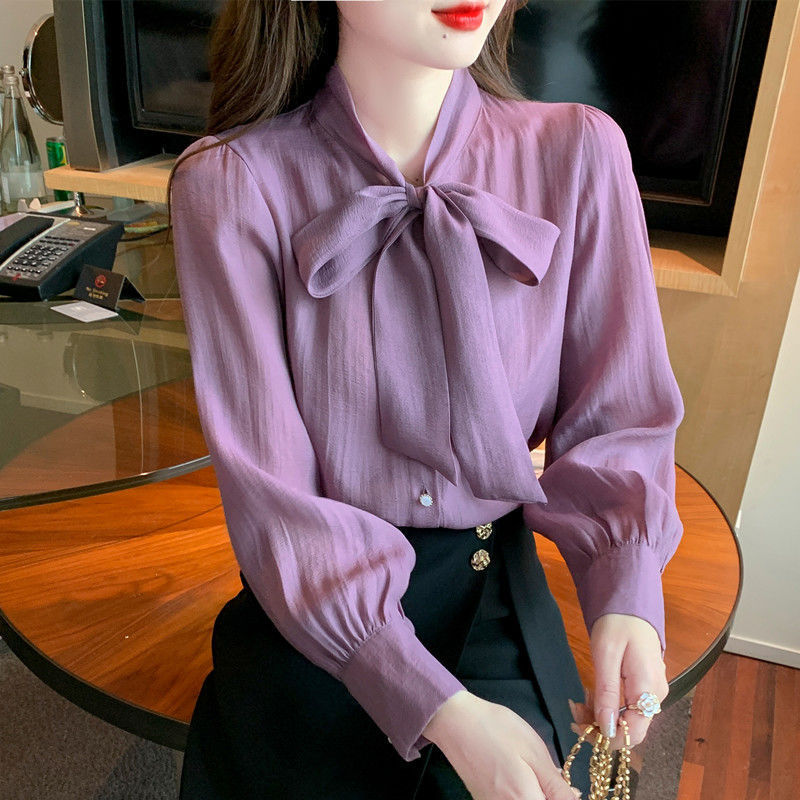 Chiffon camisa profissional feminina de manga comprida fita roxa camisa temperamento início do outono topo