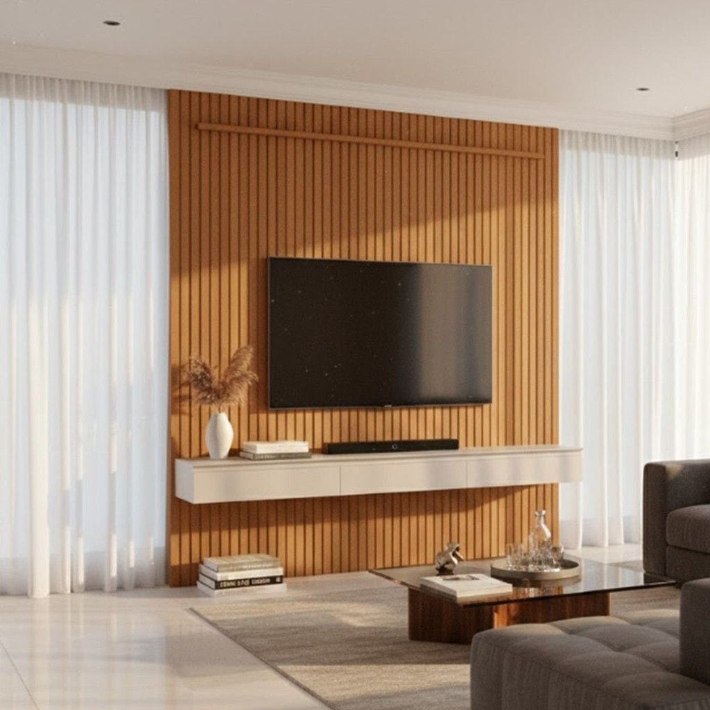 Painel Ripado Suspenso para TV até 75 Polegadas 100% MDF 183,6cmx240cm 3 Gavetas Arbo Marrom Cedro/Off White Cedro/Off