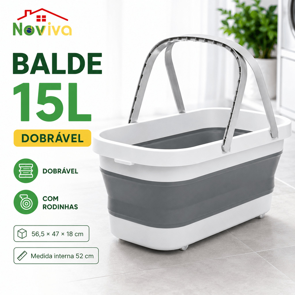 Balde Retrátil Dobrável 15 Litros com Rodinhas e Alça - Economiza Espaço, Ideal para Mop e Limpeza Doméstica