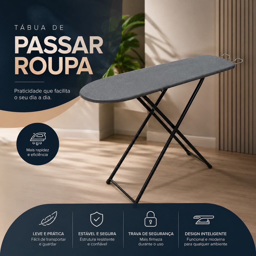 Tabua De Passar Roupas Mesa Resistente e Reforçada Com Tecido Térmico na COR PRETA
