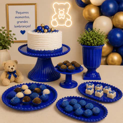 Kit Pérola Luxo com Boleira Pérola + 1 Bandeja Pérola Redonda + 2 Oval Pérola + 1 Vaso Grego + 1 MiniCake