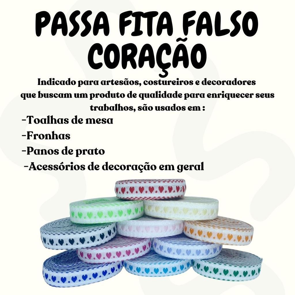 Kit 5 Passa Fita Coração 10M Cada c 16,5mm 100% Poliéster — imagem 2 de 2