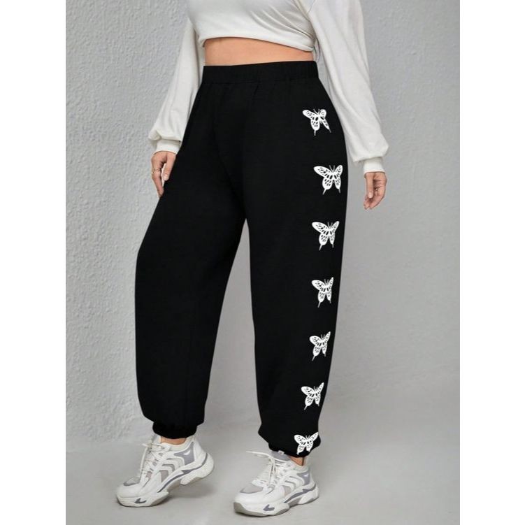 Calça de Moletom Estampada Borboletas Laterais Calça Flanelada Feminina