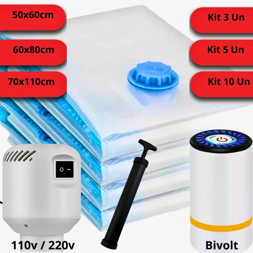 Kit com 10 Sacos a Vácuo e Bomba USB Recarregável Manual ou Elétrica Para Organização Roupas Mala