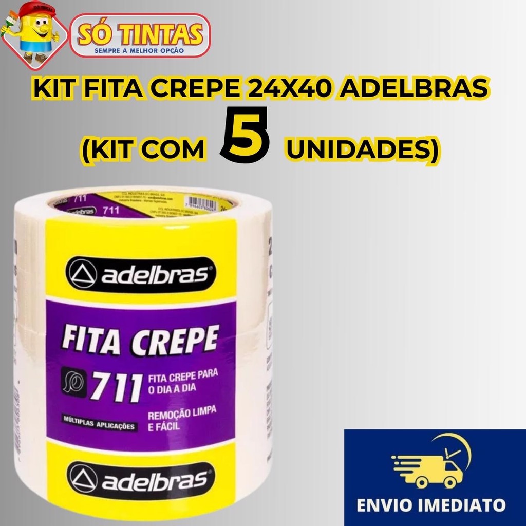 Kit 5 Fita Crepe Adelbras 711 Uso Geral 24mm x 40m – Rolos para Pintura, Artesanato e Uso Escolar em Oferta na Shopee