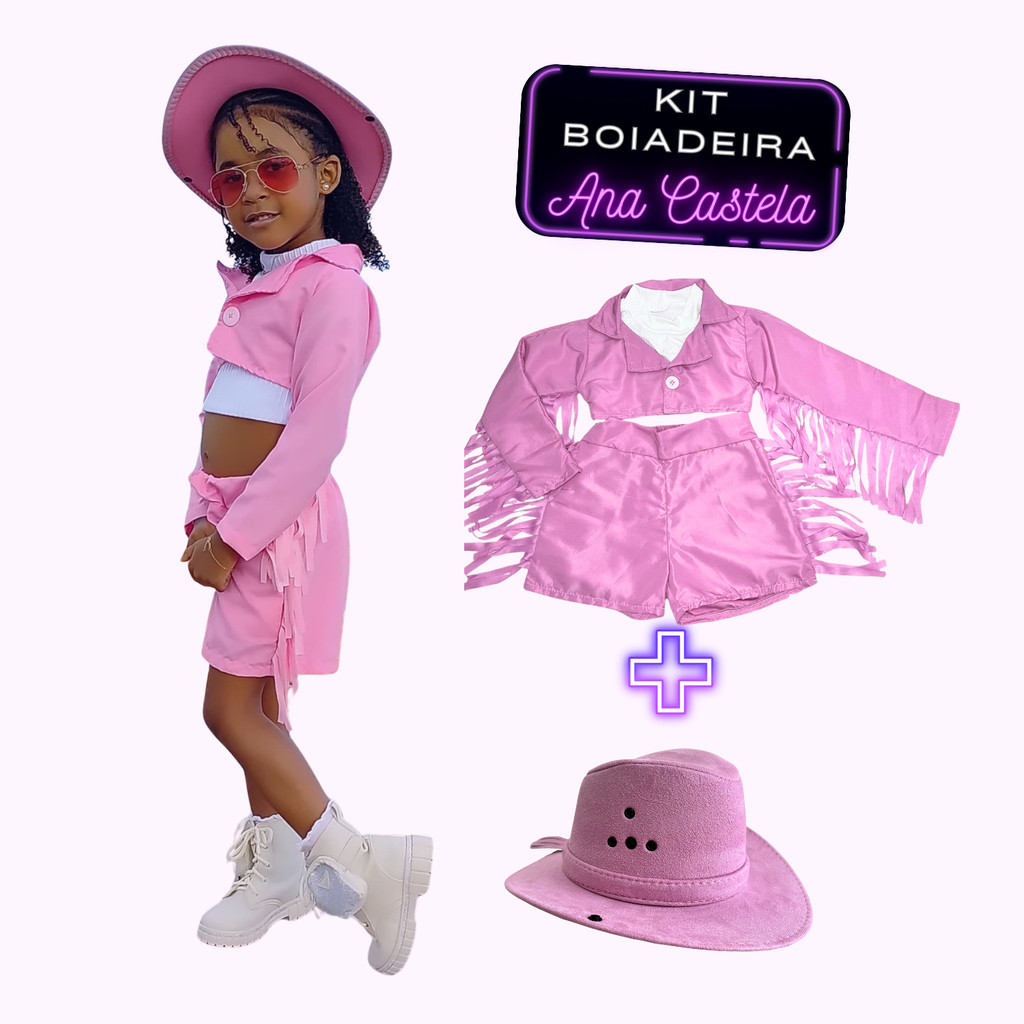 KIT Conjunto Country Boiadeira Ana Castela Rosa Bebê Infantil - Com Chapéu - Festas e Aniversários