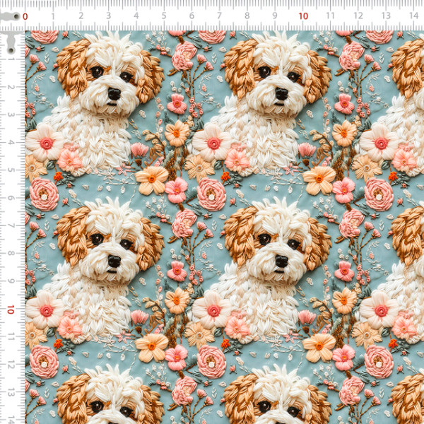 Tecido Tricoline Digital 3D Doguinhos Florais Patchwork Costura Ateliê Pano DIY Artesanato