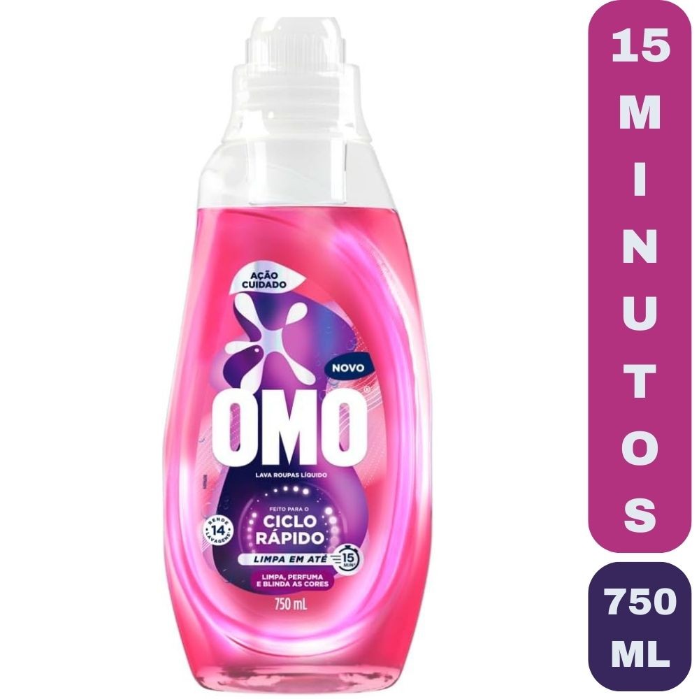 Lava-Roupas Omo Líquido Ciclo Rápido Lava e Perfuma em 15 Minutos Ação Cuidado Frasco 750ml