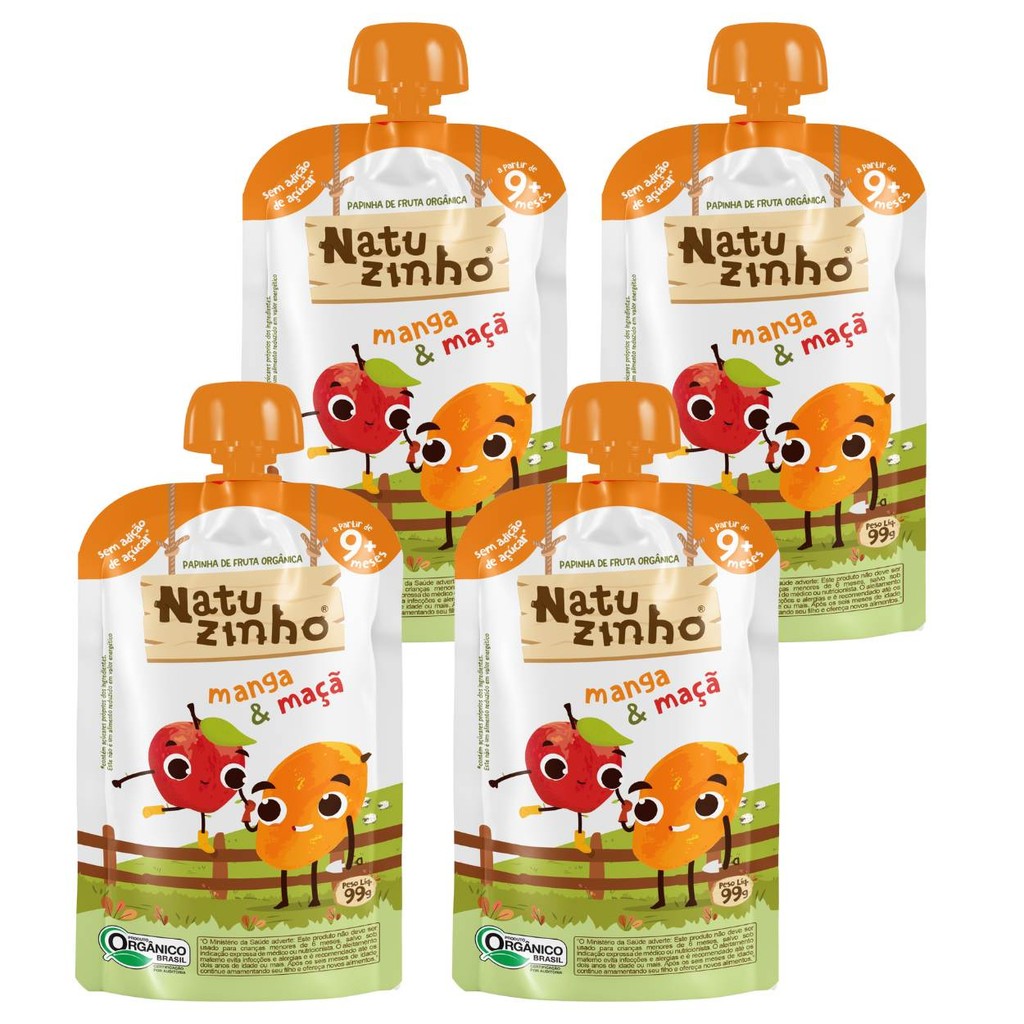 Kit Papinha Organica Natuzinho Manga Maça Bebe 4 unidades