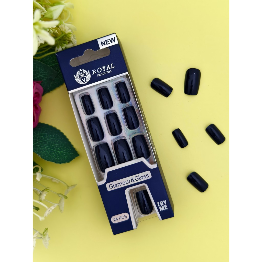 UNHAS POSTIÇAS QUADRADA MÉDIA AUTOCOLANTE - KIT COM 24 PEÇAS COR  AZUL ESCURO  T-579-8