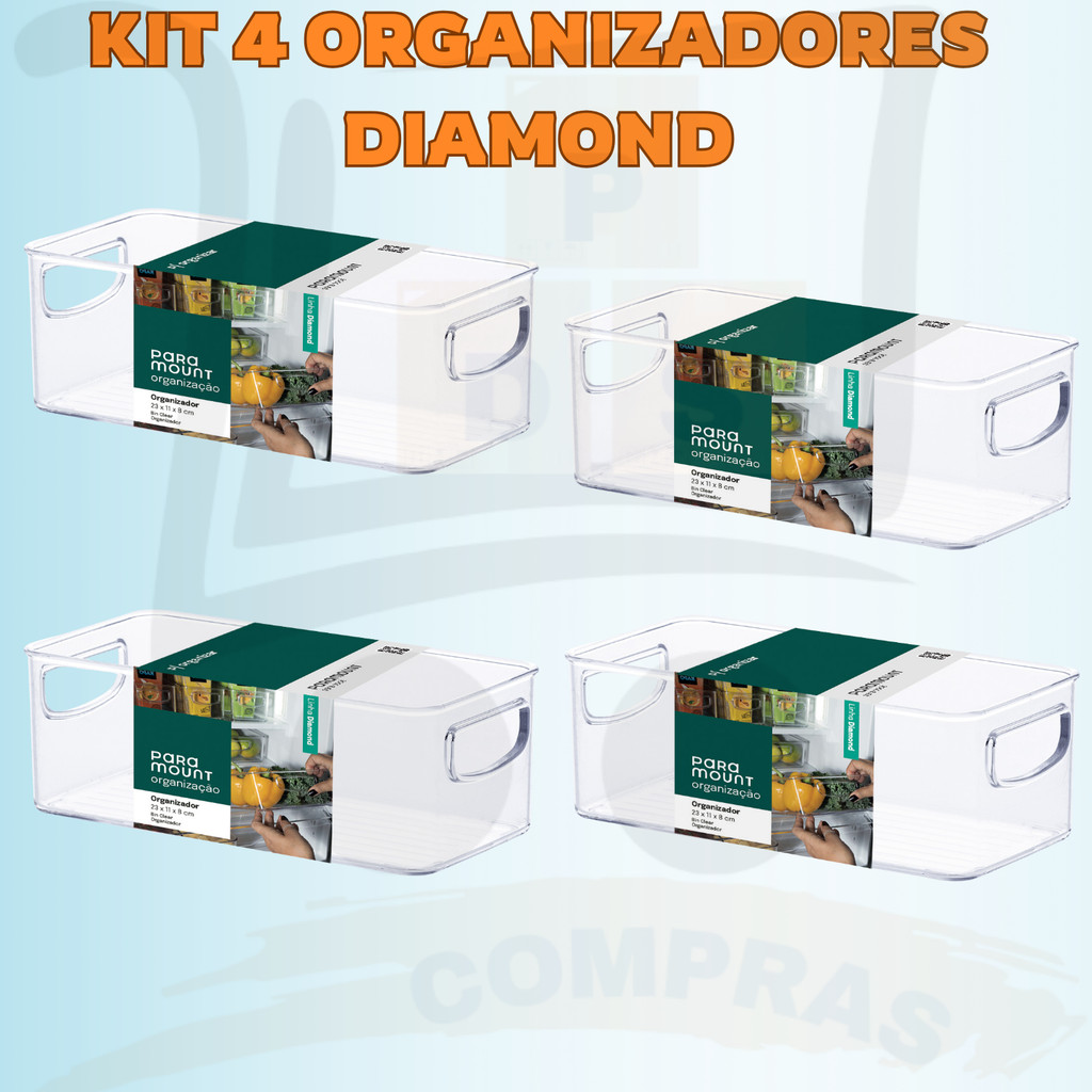 Organizador De Geladeira Acrilico Diamond Kit 4 Peças 23x11x8 cm Transparente Com Alça