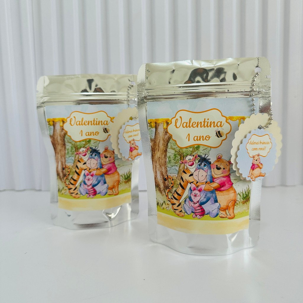 Saquinho Metalizado Ziplock Ursinho Pooh Personalizada /Lembrancinha/Festa /Aniversário