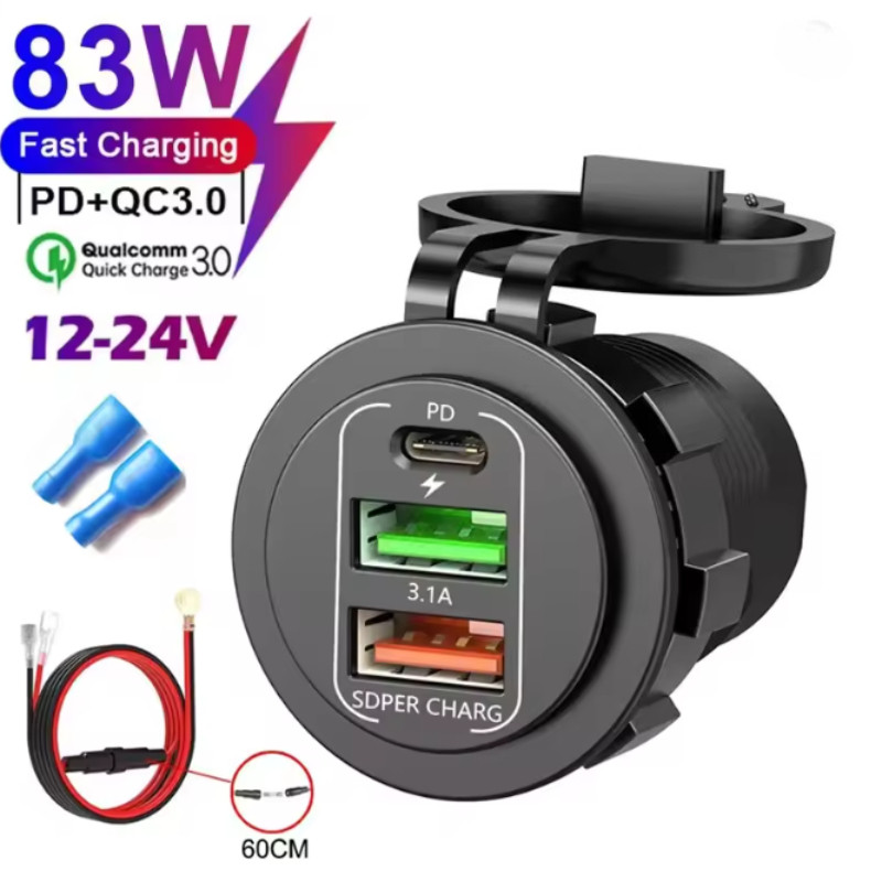 Carregador De Carro Tomada De Energia Duplo QC3.0 Usb & PD3.0 Carregamento Rápido Com Voltímetro Led À Prova Dwaterproof