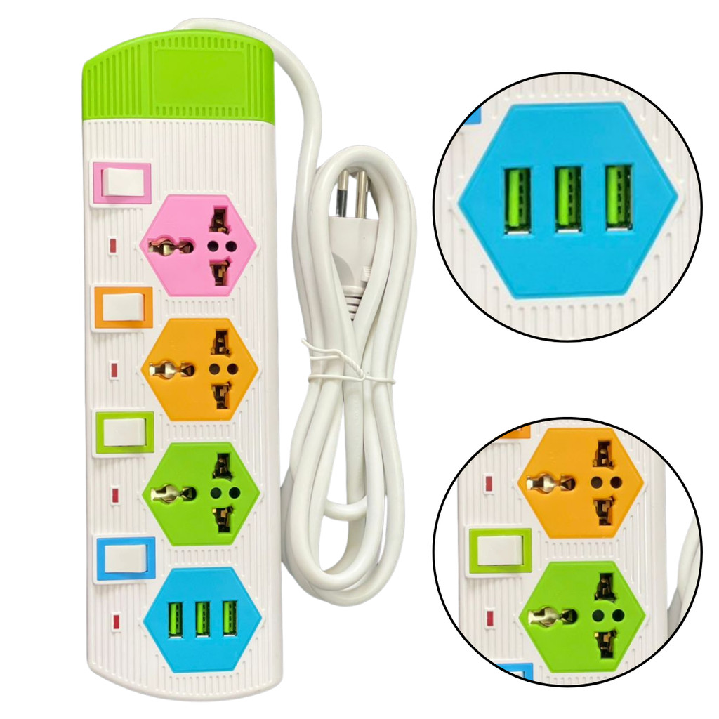 Extensão Profissional 2M Multiuso Adaptador de Tomada 4 Entradas 3 Portas USB 3 Tomadas 10A Bivolt Casa Quarto Sala