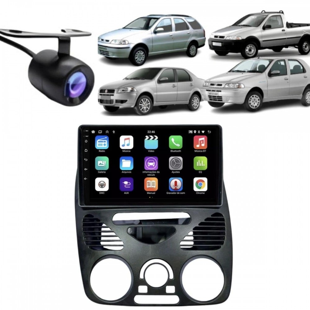 Central Multimídia Android 2 Din Fiat Palio G2 Moldura 9" Câmera Ré PT Fosco