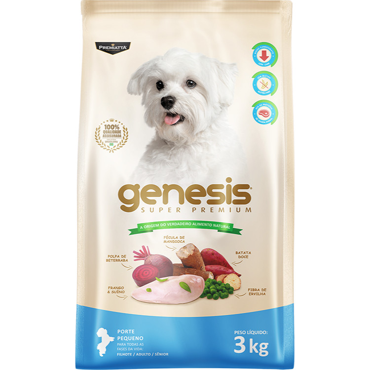 Ração Genesis Premiatta 3kg (30 pacotinhos de 100g) Cães Adultos, Filhotes e Sênior -Raças Pequenas-Sabor Frango e Suíno