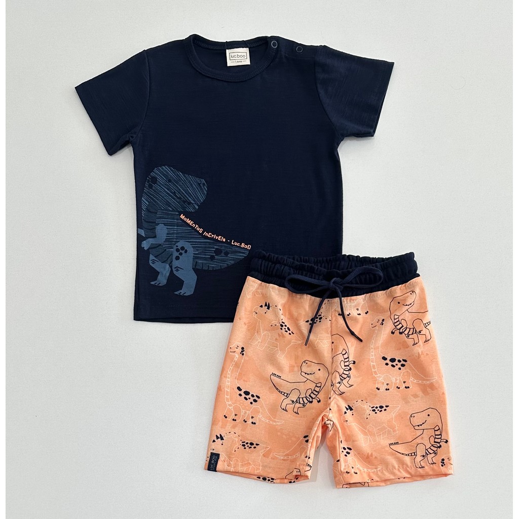 Conjunto 1/3 Luc.Boo Camiseta Marinho/Bermuda Laranja Dinos