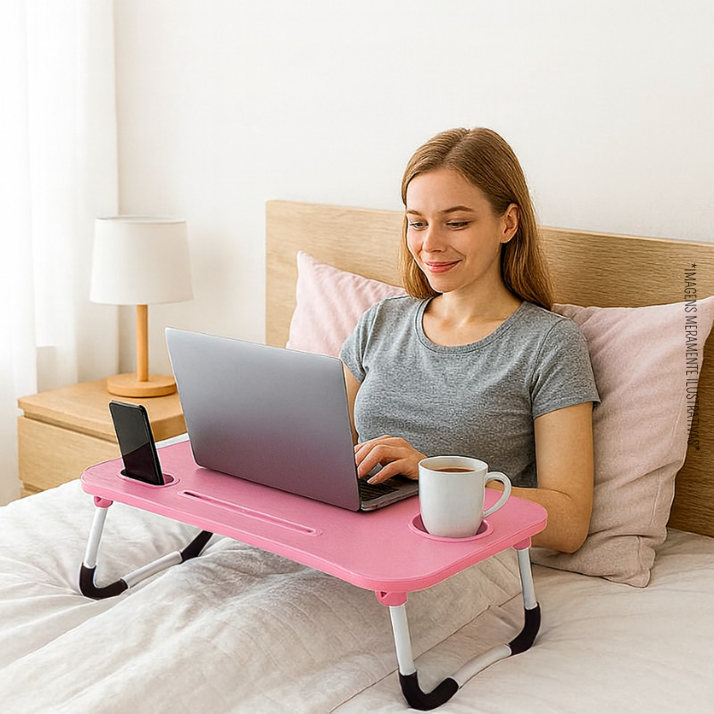 Mesa Dobrável Portátil Para Notebook Home Office Cama MDF Rosa
