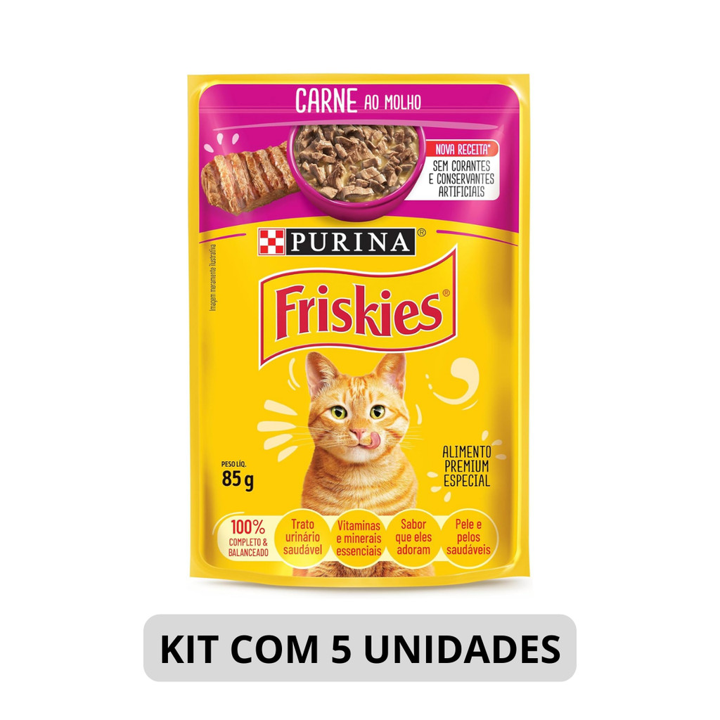 KIT 5 FRISKIES SACHÊ GATO ADULTO CARNE 85G